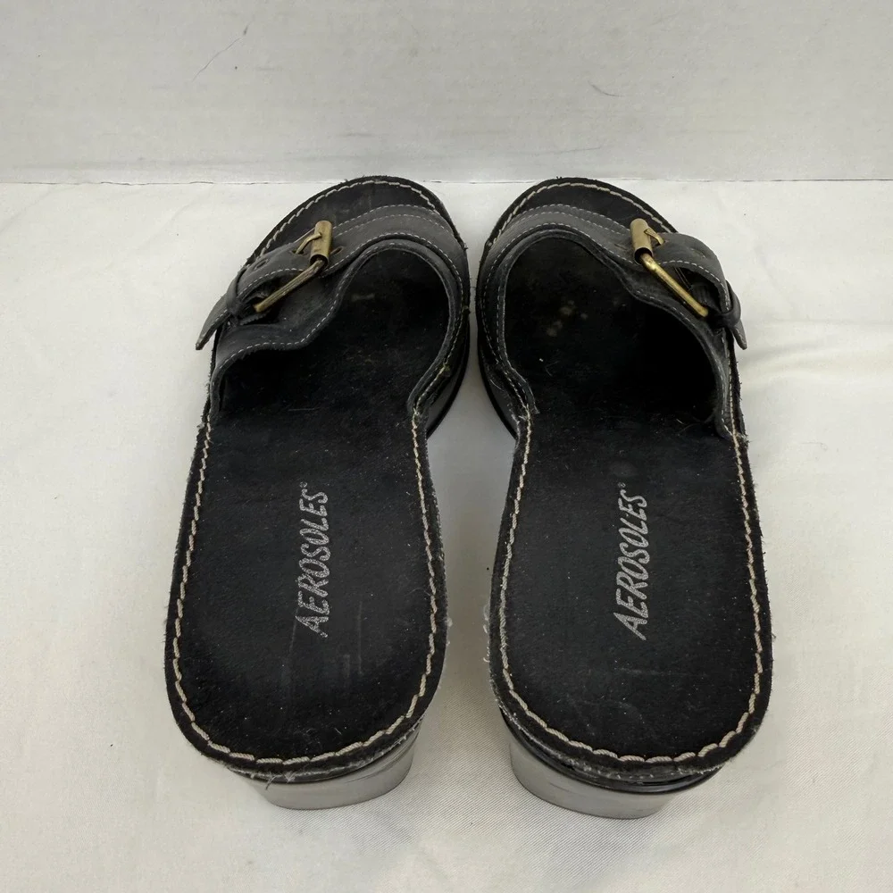 Vintage Y2K Aerosoles Black Leather Wedge Slide Sandals Buckle Detail Womens 6.5